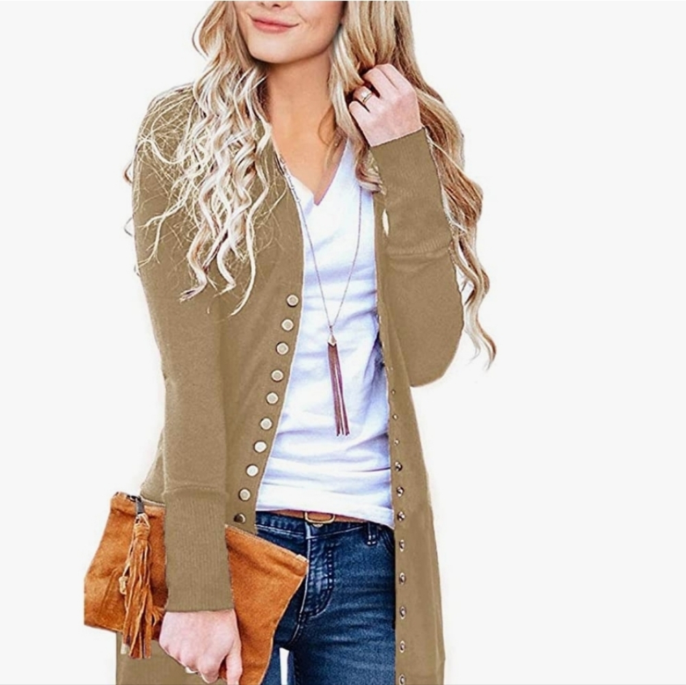 Women's Long Sleeve Snap Button Down Solid Color Knit Ribbed Neckline Cardigans
